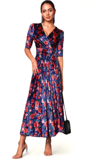 4-A1271 Navy Floral Velvet Midaxi Dress