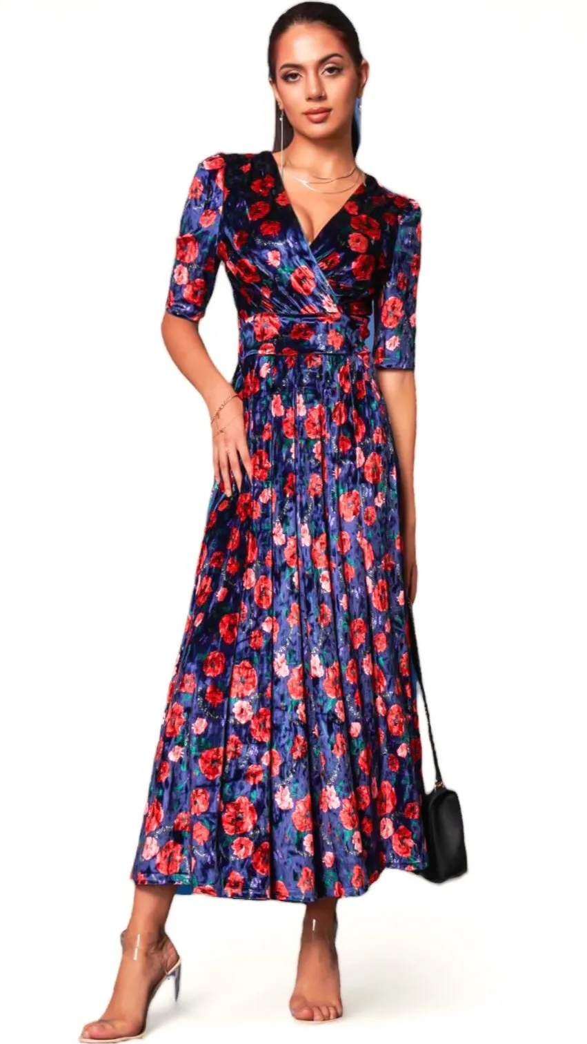 4-A1271 Navy Floral Velvet Midaxi Dress