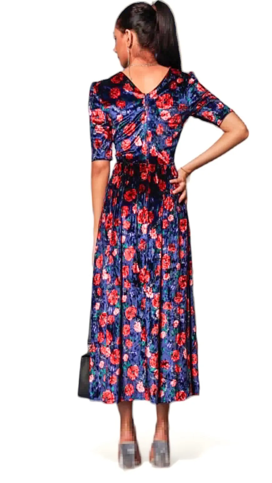 4-A1271 Navy Floral Velvet Midaxi Dress