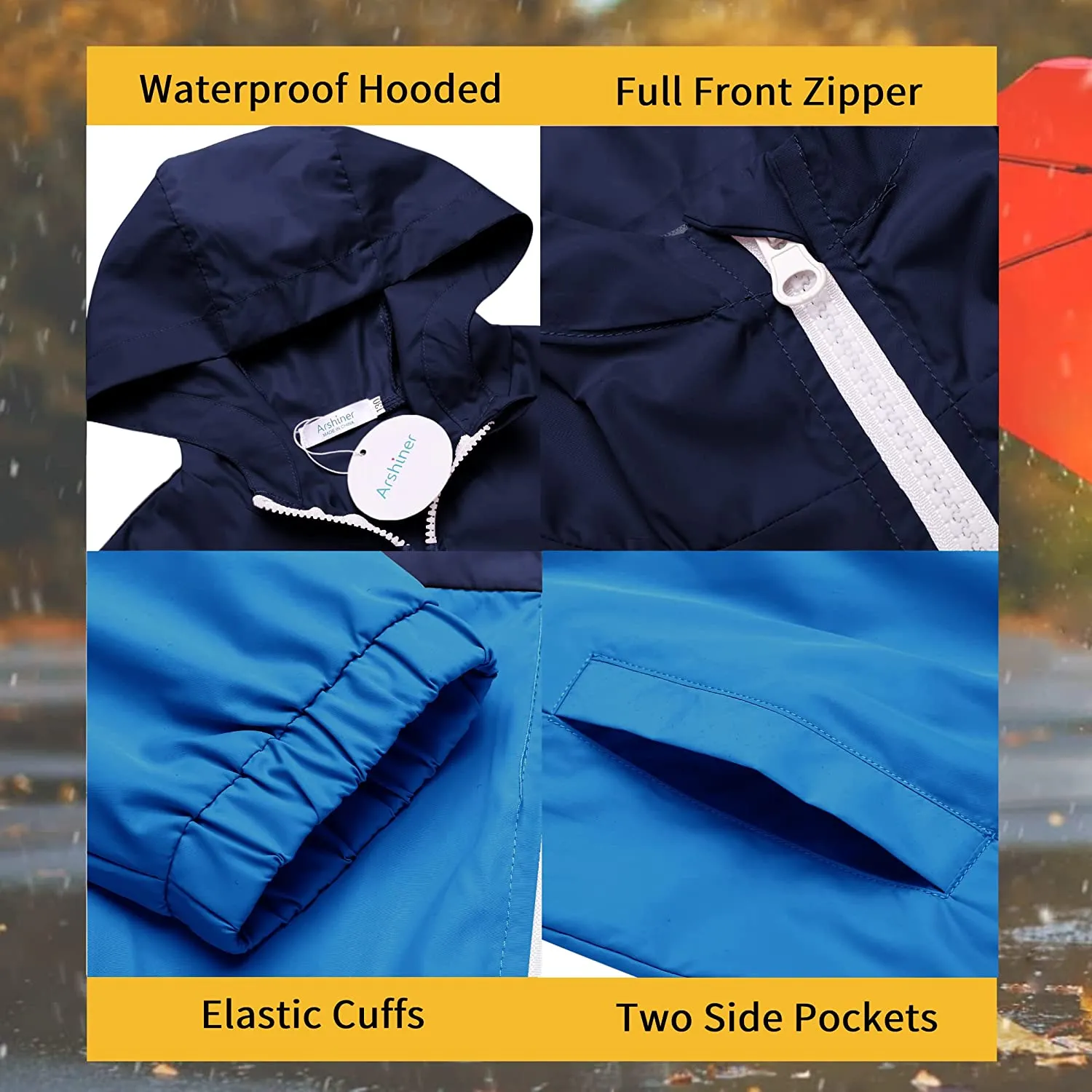 Arshiner Boys Girls Hooded Rain Jackets Waterproof Rain coats Packable Windbreaker for Kids Lightweight Jackets
