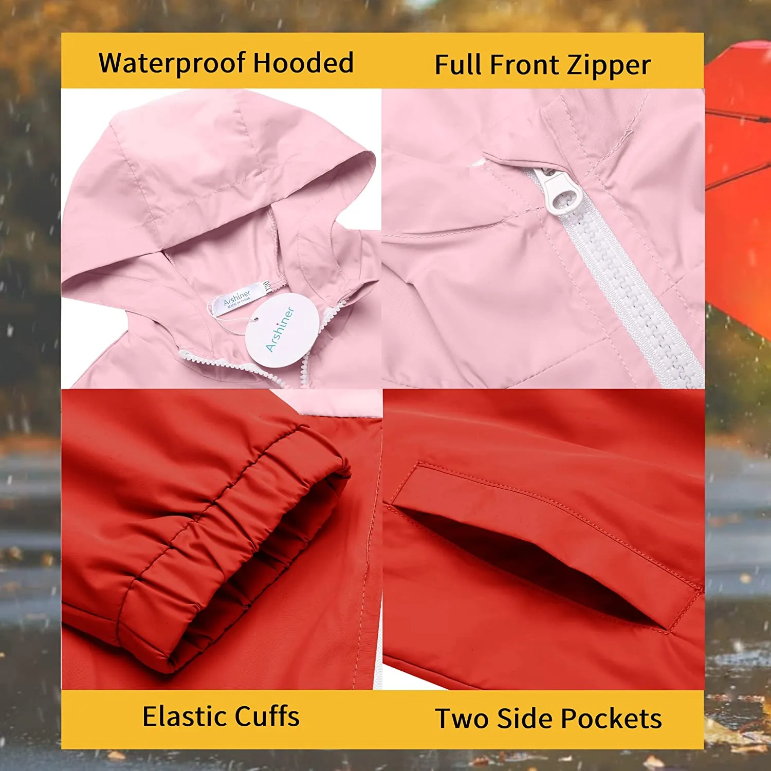 Arshiner Boys Girls Hooded Rain Jackets Waterproof Rain coats Packable Windbreaker for Kids Lightweight Jackets