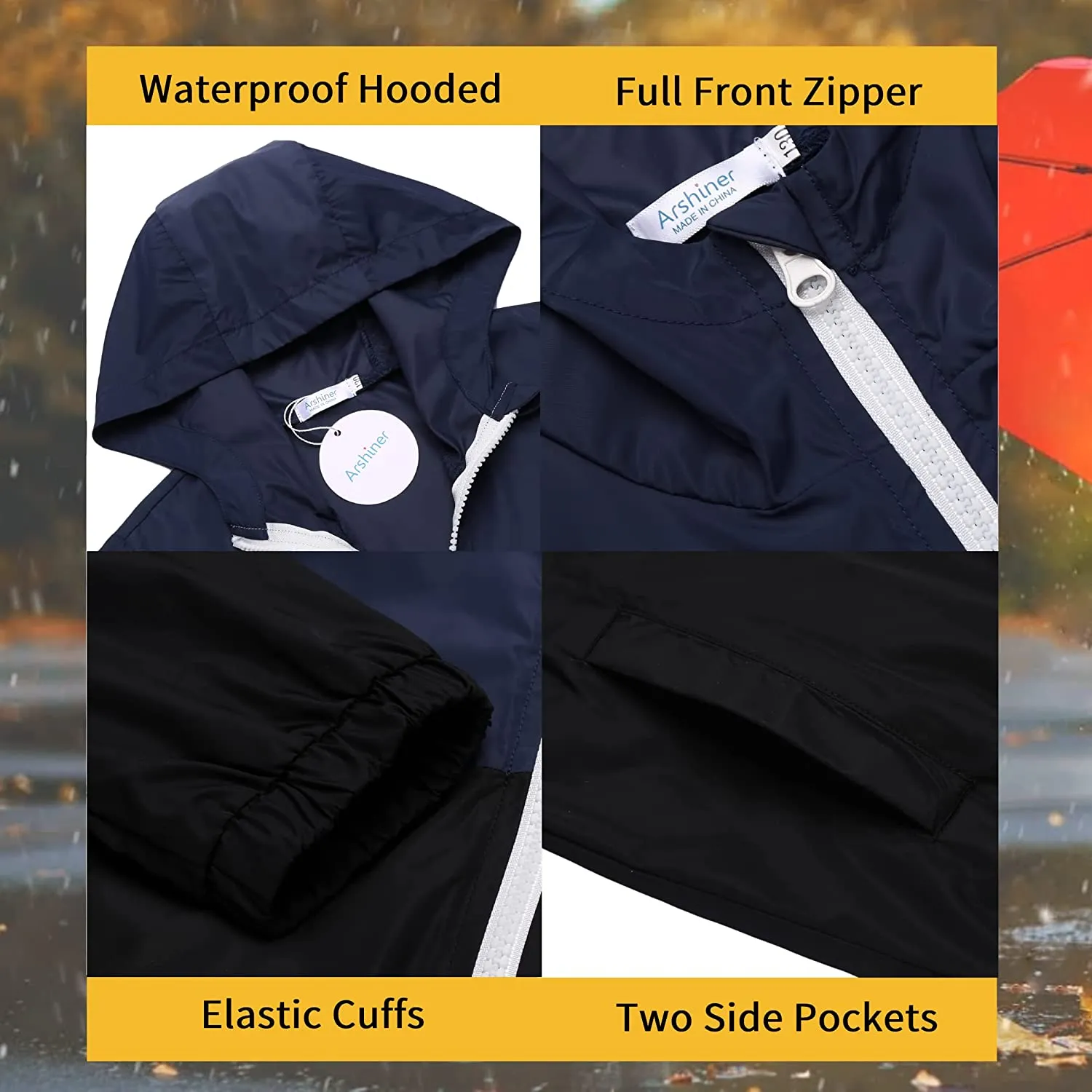 Arshiner Boys Girls Hooded Rain Jackets Waterproof Rain coats Packable Windbreaker for Kids Lightweight Jackets