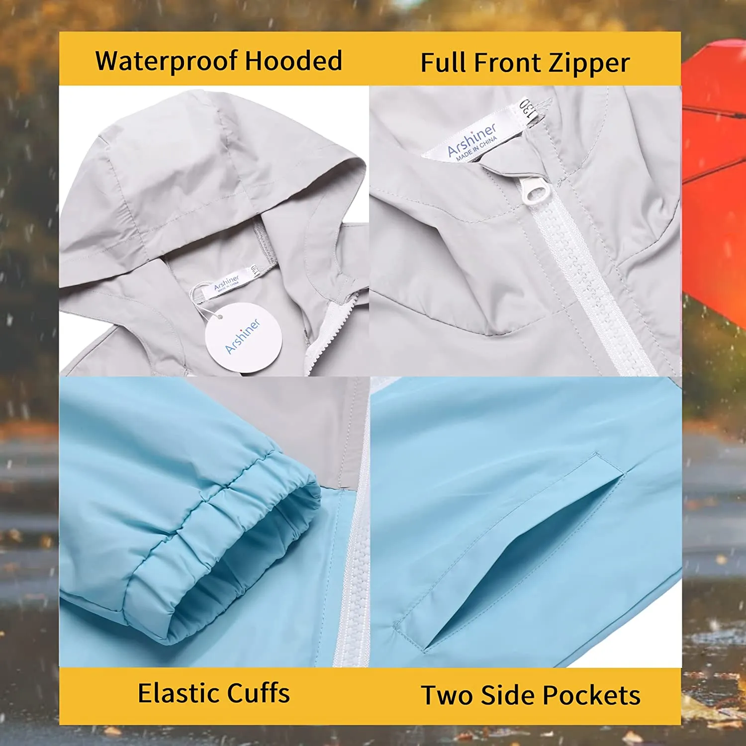 Arshiner Boys Girls Hooded Rain Jackets Waterproof Rain coats Packable Windbreaker for Kids Lightweight Jackets