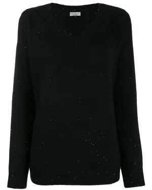 Black Cashmere Paillette V Neck Sweater