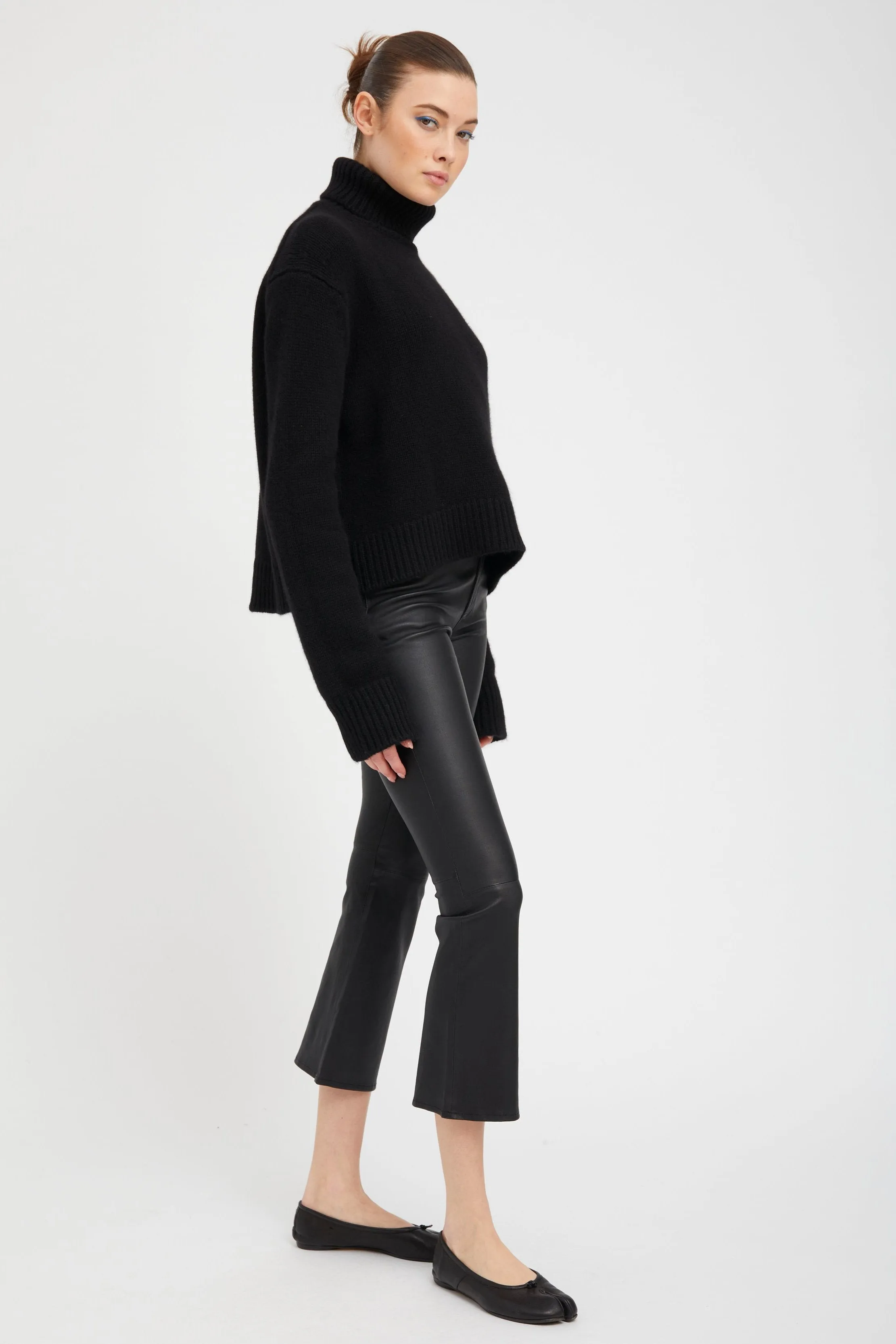 Black Leather 5 Pocket Crop Flare Pants