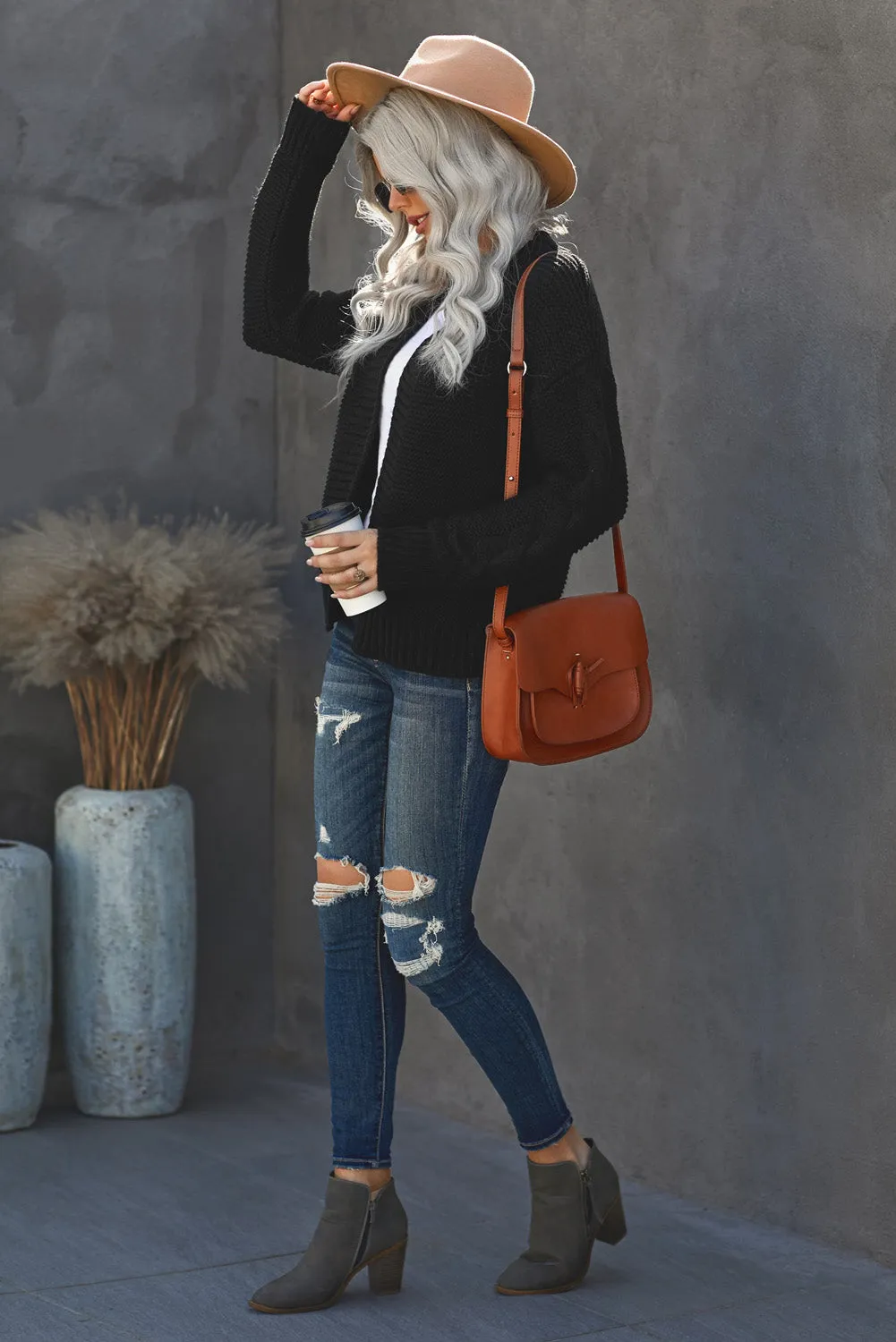 Black Open Front Chunky Knit Cardigan