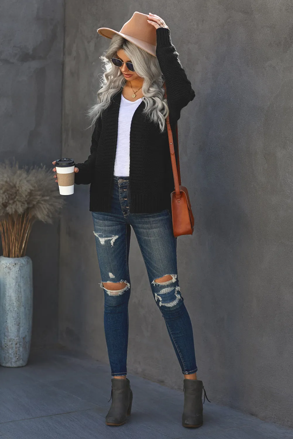 Black Open Front Chunky Knit Cardigan