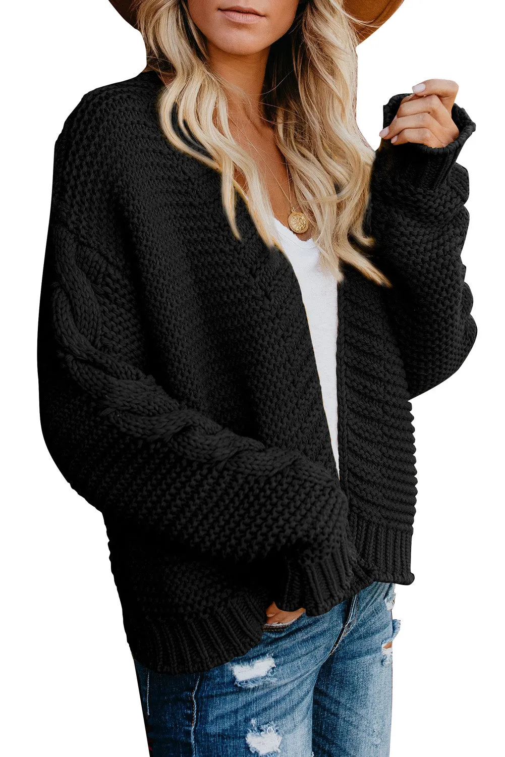 Black Open Front Chunky Knit Cardigan