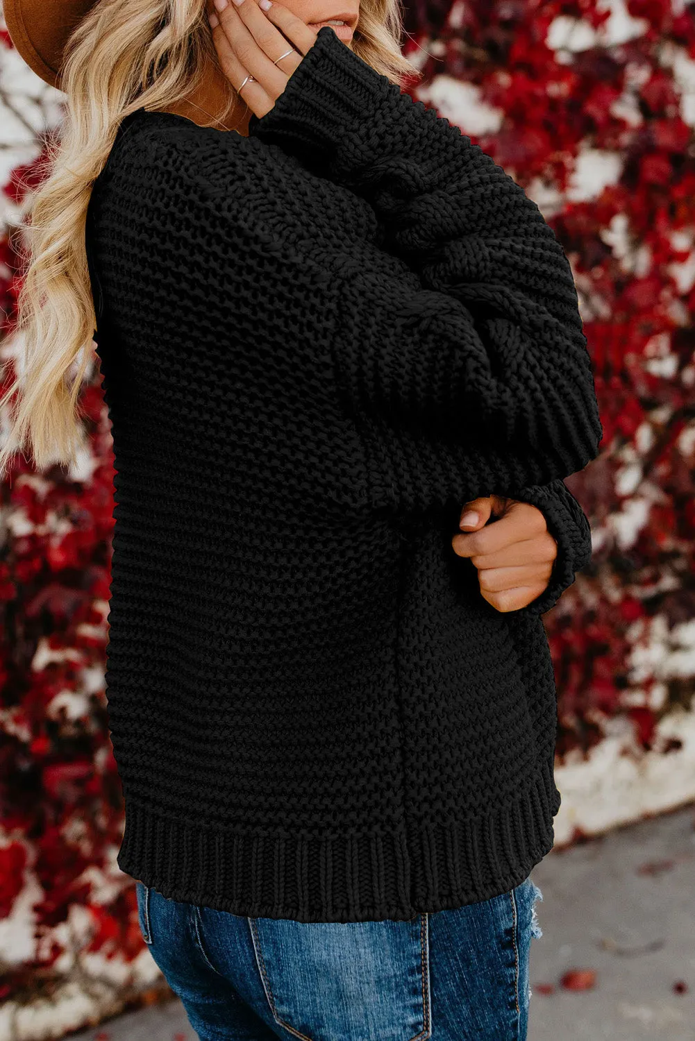 Black Open Front Chunky Knit Cardigan