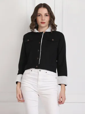Black Twill Denim Comfort Fit Women Fur Jacket-2734