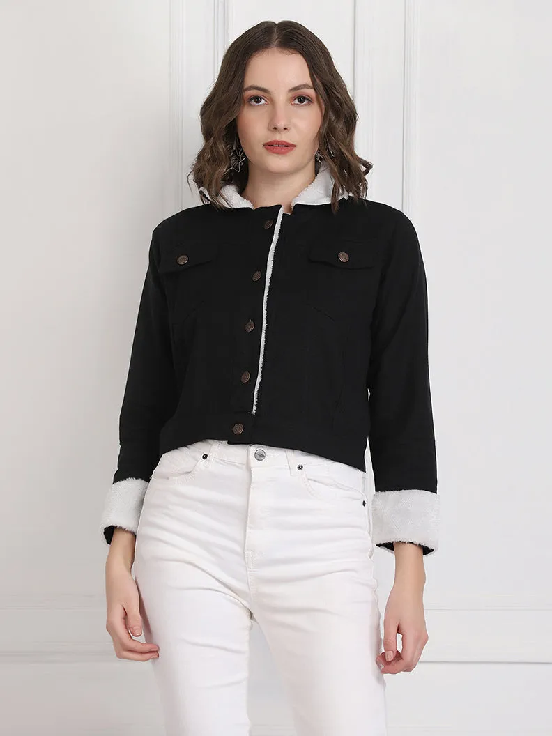 Black Twill Denim Comfort Fit Women Fur Jacket-2734