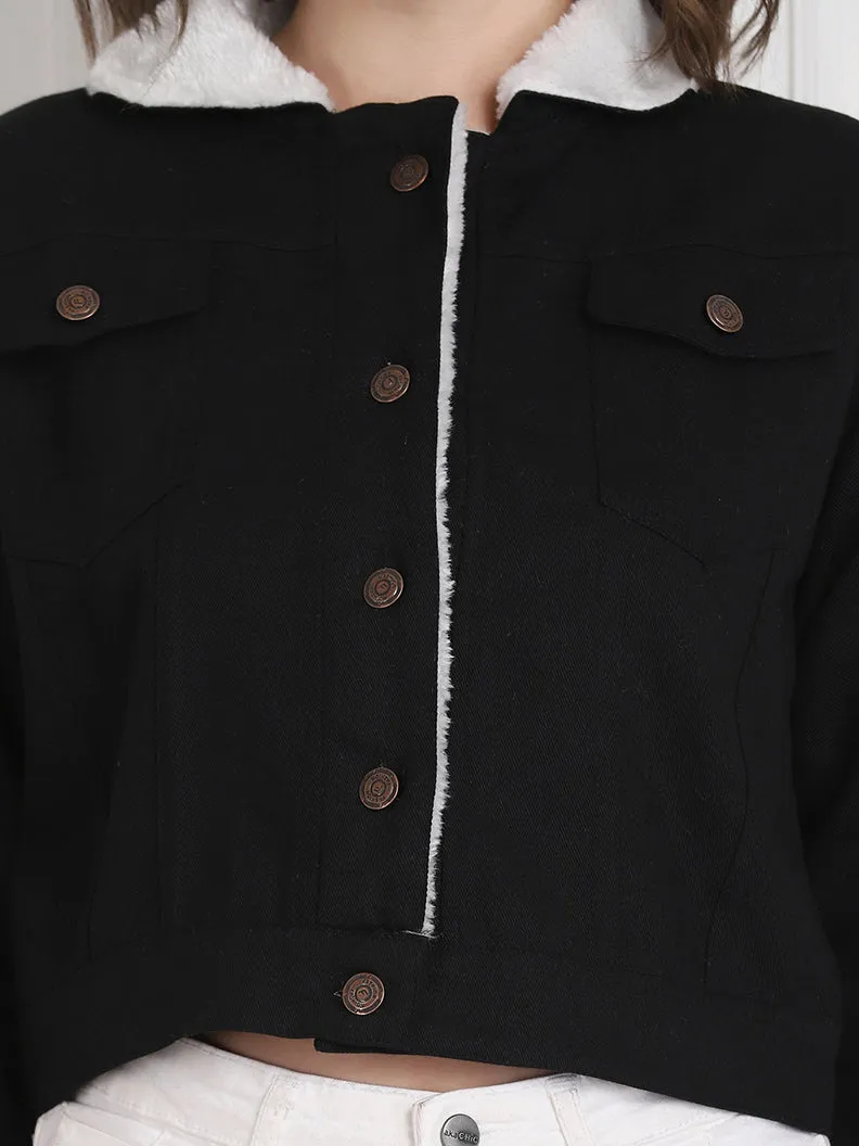 Black Twill Denim Comfort Fit Women Fur Jacket-2734