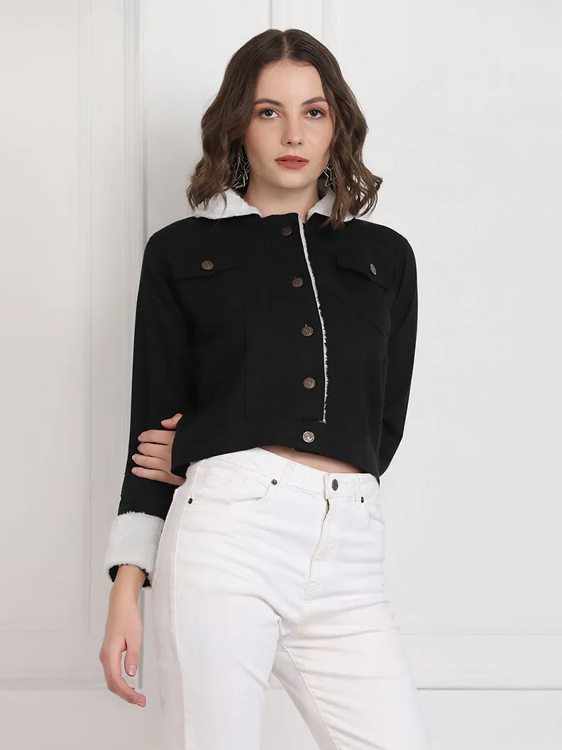 Black Twill Denim Comfort Fit Women Fur Jacket-2734