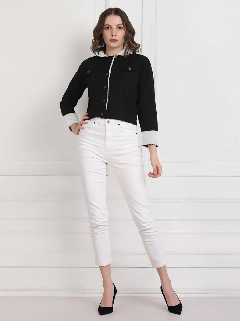 Black Twill Denim Comfort Fit Women Fur Jacket-2734