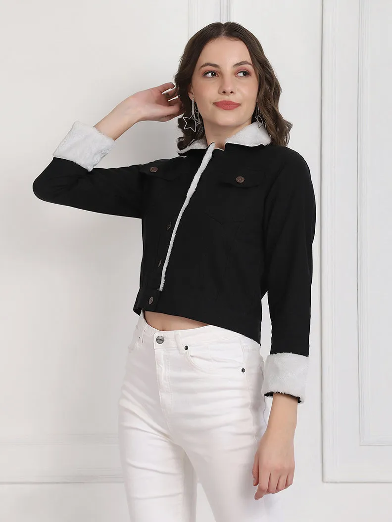 Black Twill Denim Comfort Fit Women Fur Jacket-2734