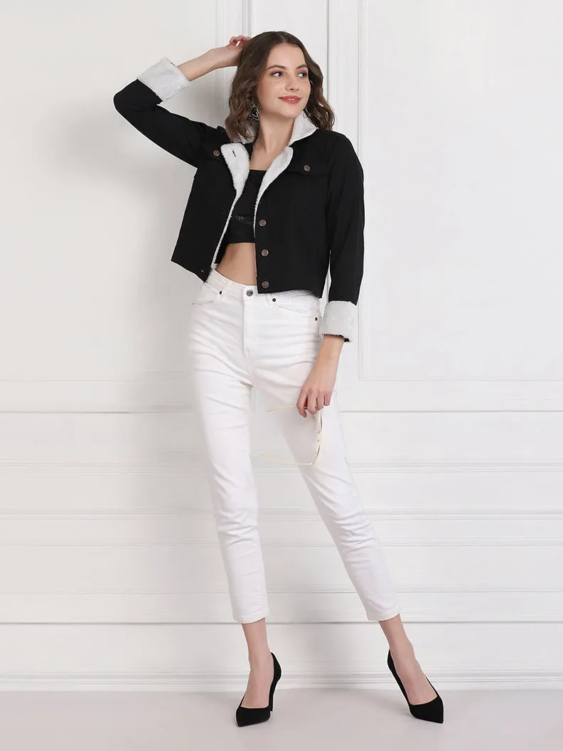 Black Twill Denim Comfort Fit Women Fur Jacket-2734