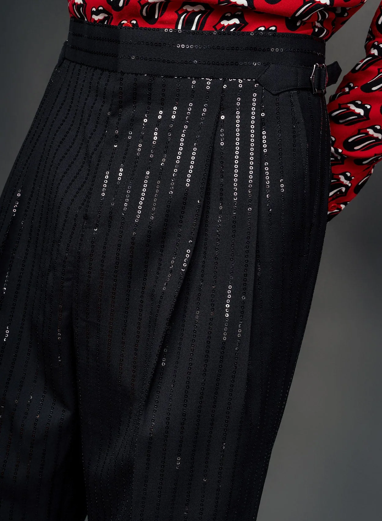 Black Wool Sequin Pinstripe Side Buckle Flare Trouser