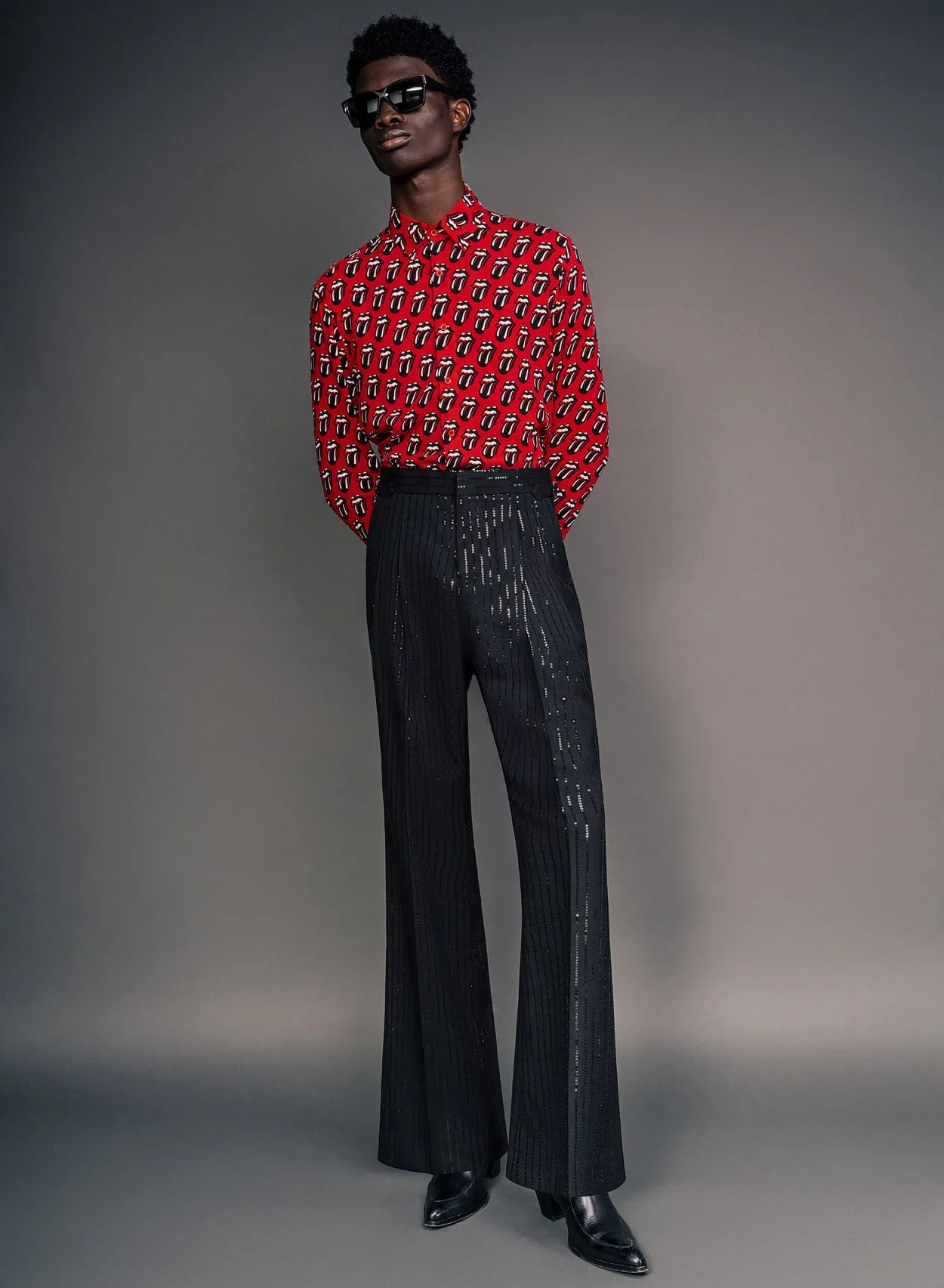 Black Wool Sequin Pinstripe Side Buckle Flare Trouser