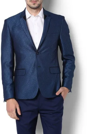 Blue Self Design Single Breasted Party Blazer