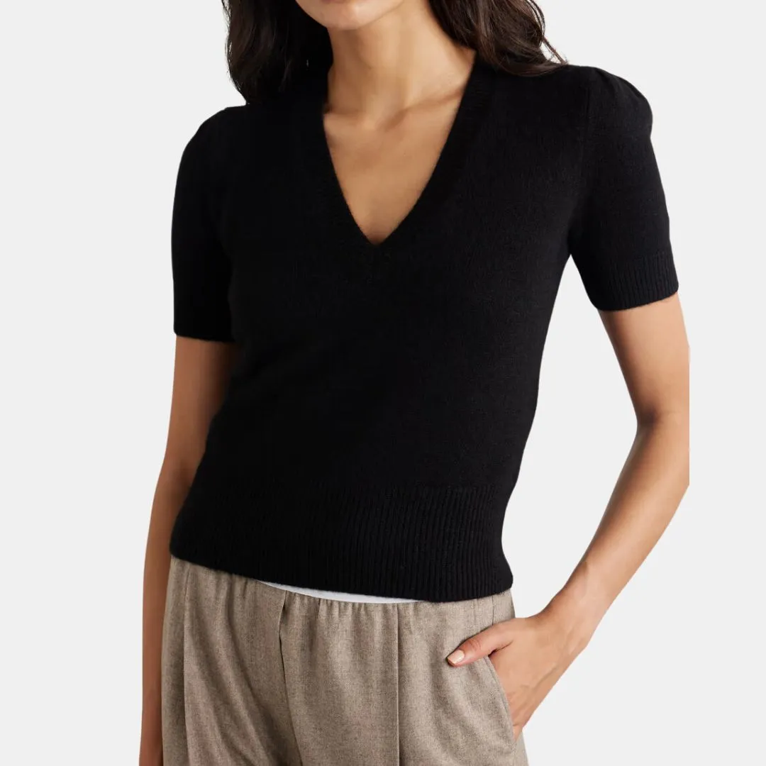 Cashmere Gathered V-Neck Sweater (Black)