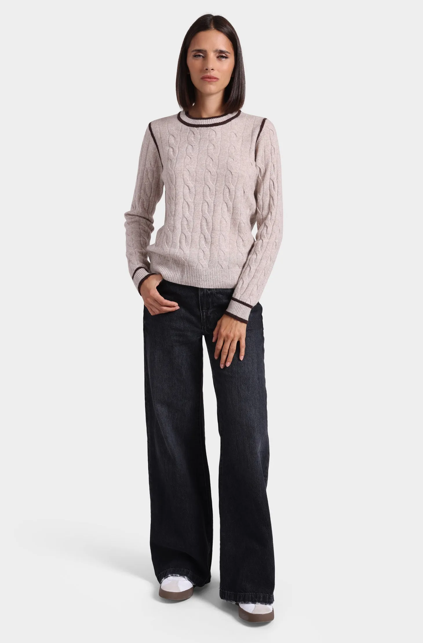 Cashmere Mixed Stitch Crew with Tipping
