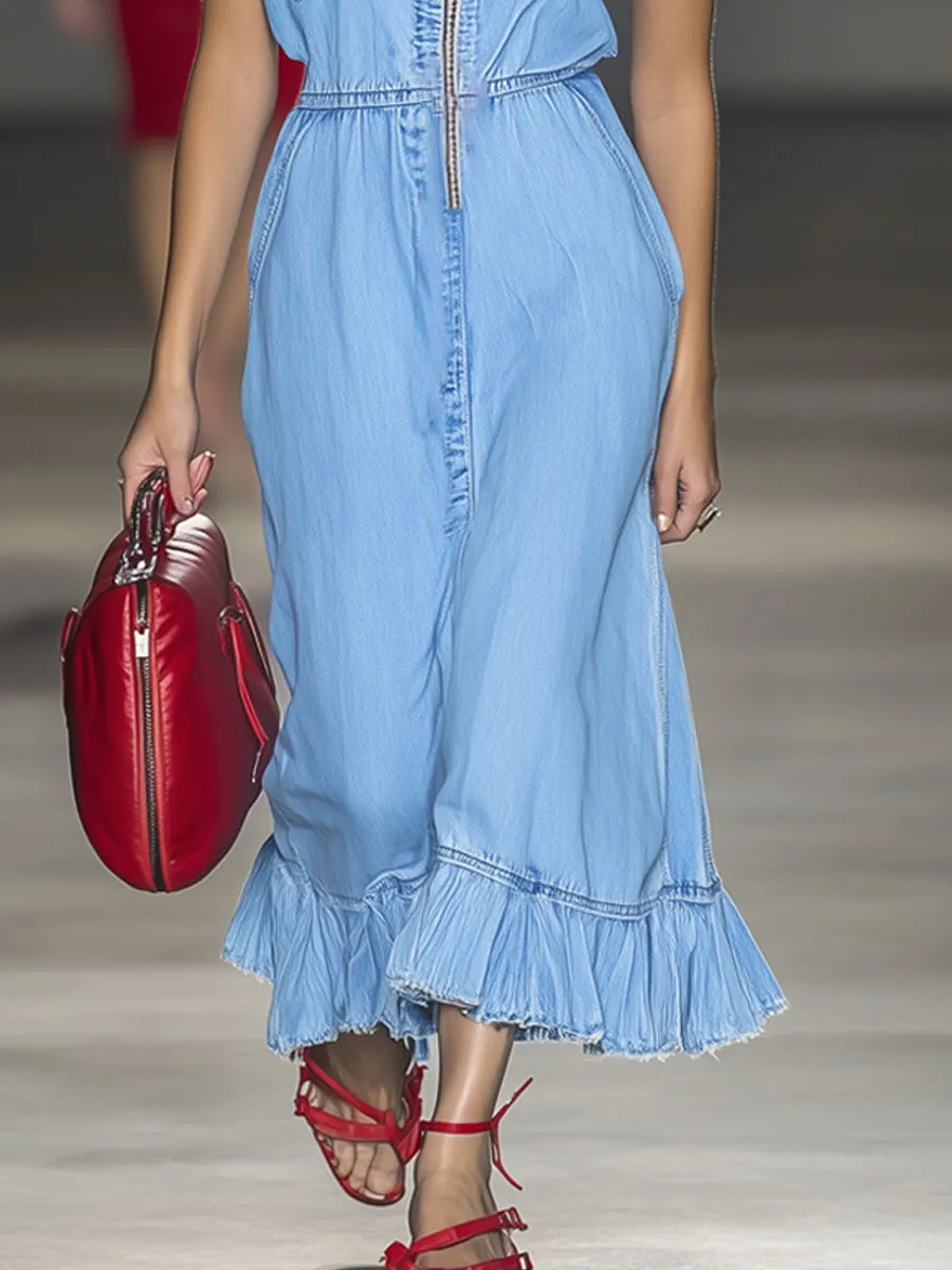 Casual Vintage Blue Denim Short Sleeve Zipper Midi Dress