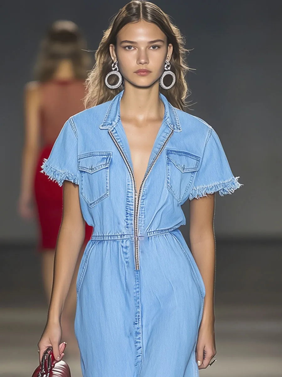 Casual Vintage Blue Denim Short Sleeve Zipper Midi Dress
