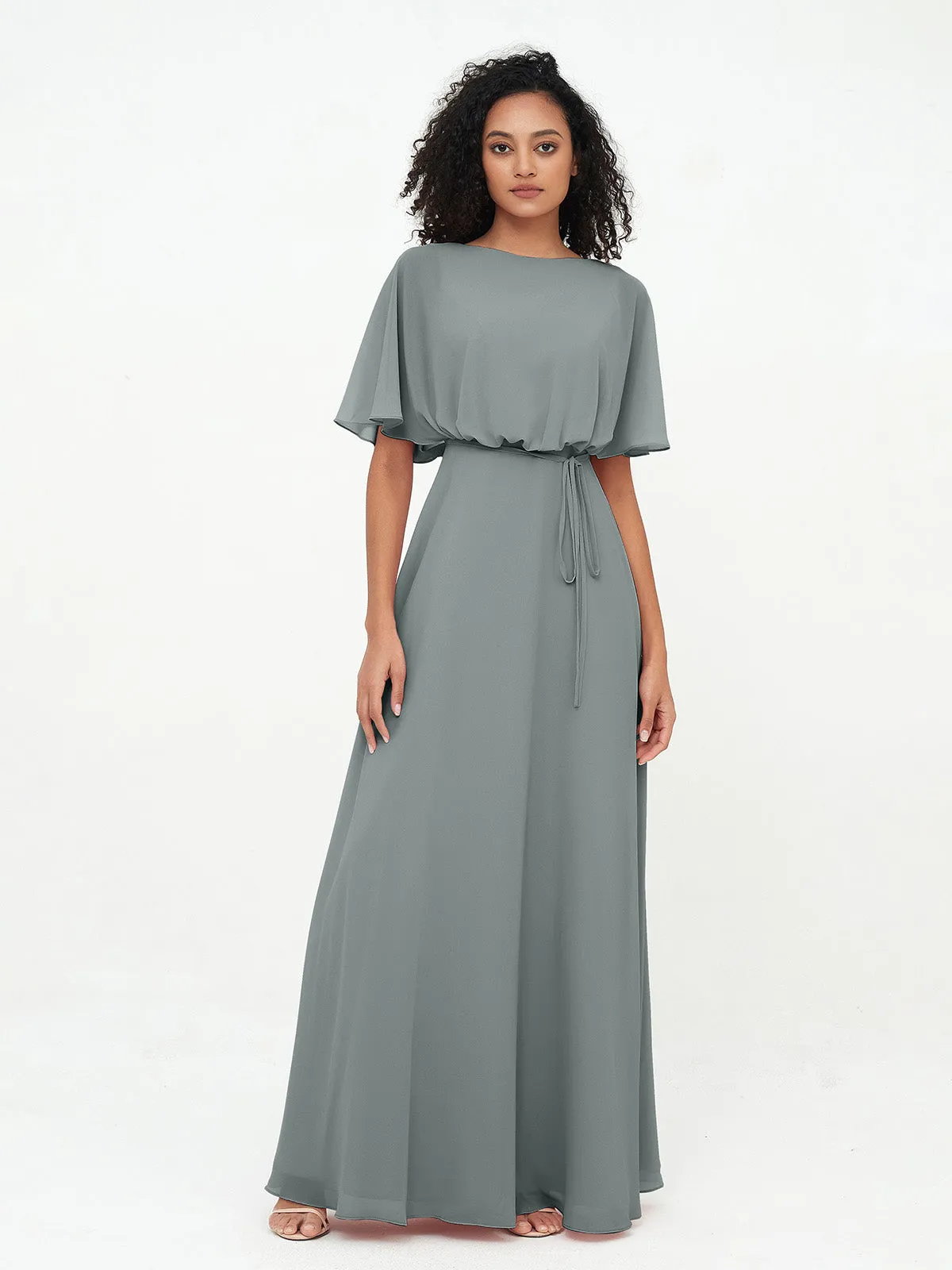 Chiffon Full Length Bridesmaid Dresses with Wrap Steel Grey Plus Size