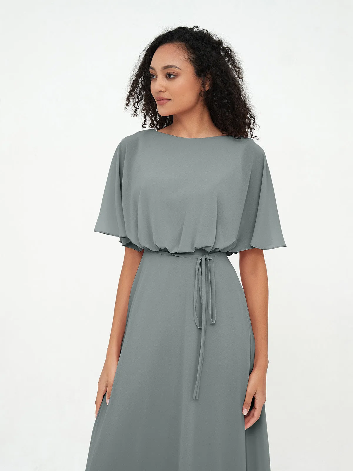 Chiffon Full Length Bridesmaid Dresses with Wrap Steel Grey Plus Size