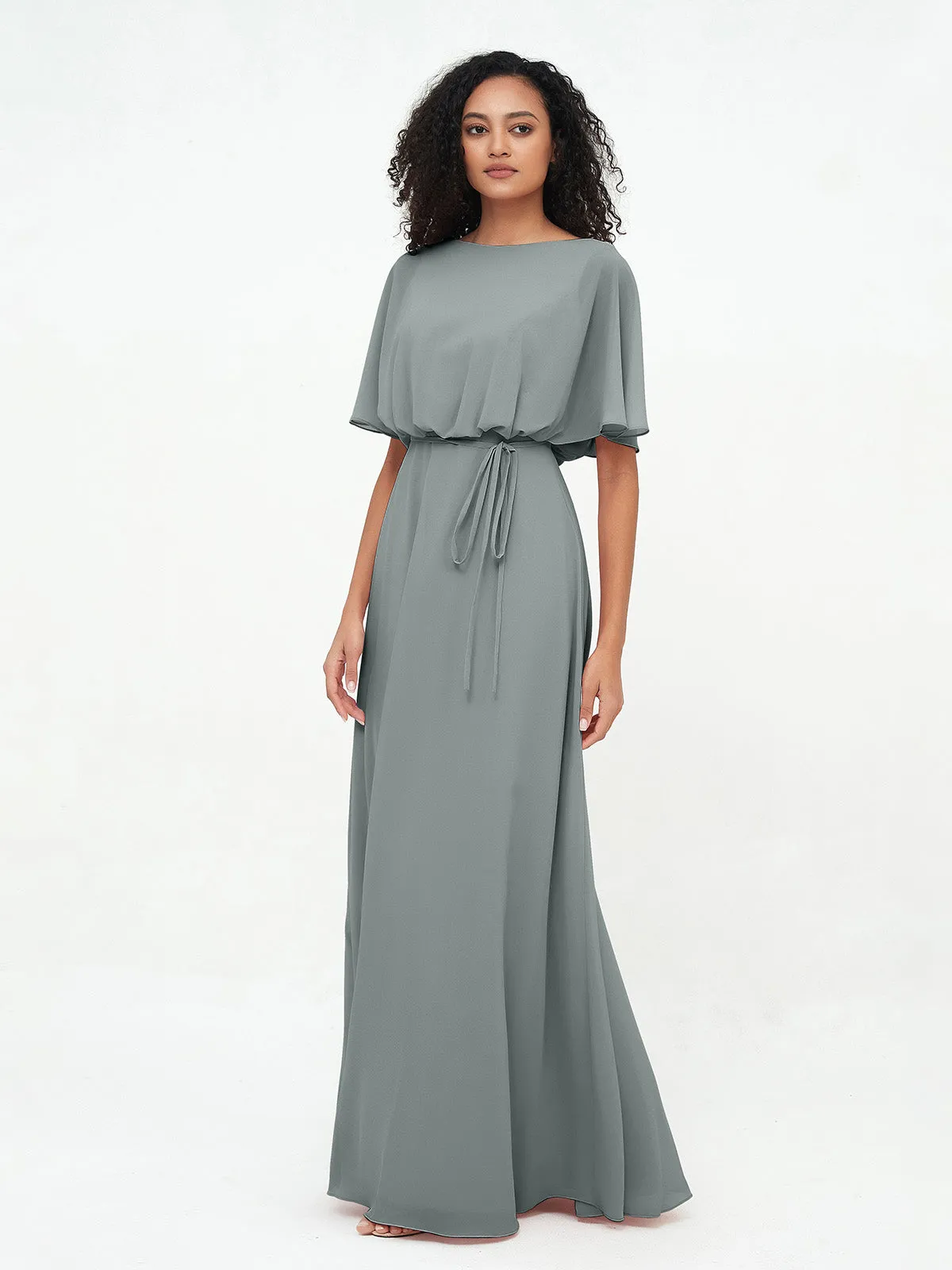 Chiffon Full Length Bridesmaid Dresses with Wrap Steel Grey Plus Size