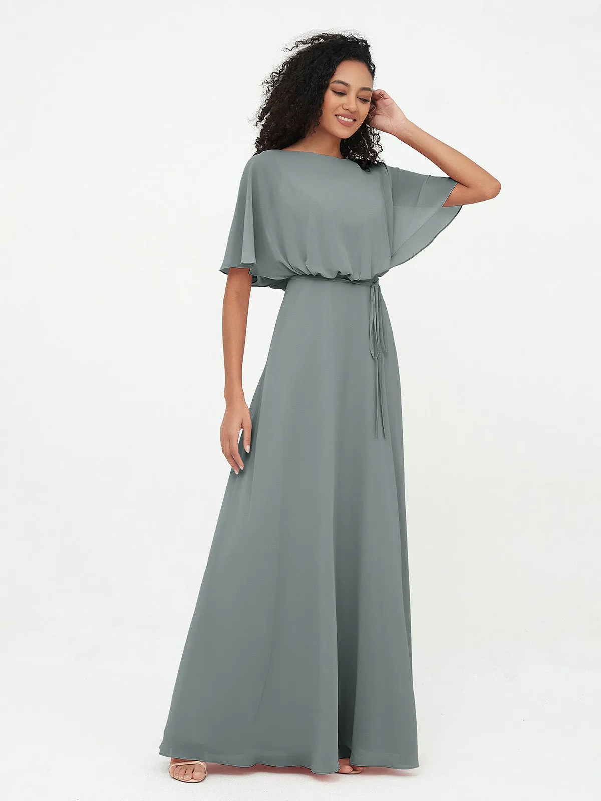 Chiffon Full Length Bridesmaid Dresses with Wrap Steel Grey Plus Size