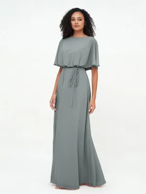 Chiffon Full Length Bridesmaid Dresses with Wrap Steel Grey Plus Size