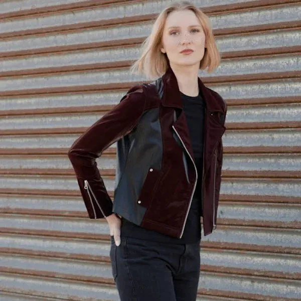 CLARA SUN WOO Vinyl - Liquid Leather™ Panel Zip Cuff Pocket Jacket - Mulberry