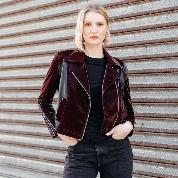 CLARA SUN WOO Vinyl - Liquid Leather™ Panel Zip Cuff Pocket Jacket - Mulberry