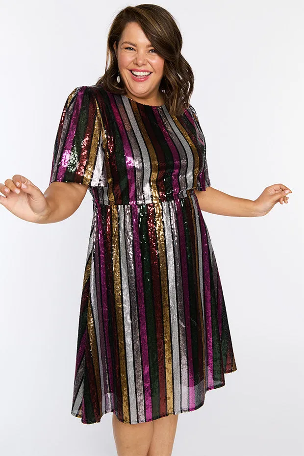 Clare Berry Stripe Sequin Dress