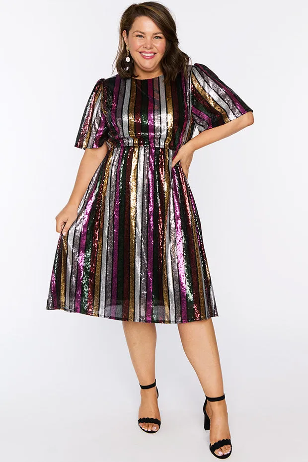 Clare Berry Stripe Sequin Dress