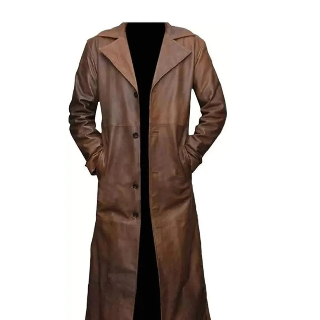 Classy Leather Trench Coat In Brown Color