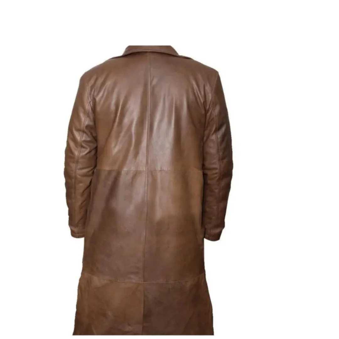 Classy Leather Trench Coat In Brown Color