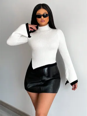 Contrast Trim Mock Neck Split Cuff Asymmetrical Hem Slim Fit Sweater