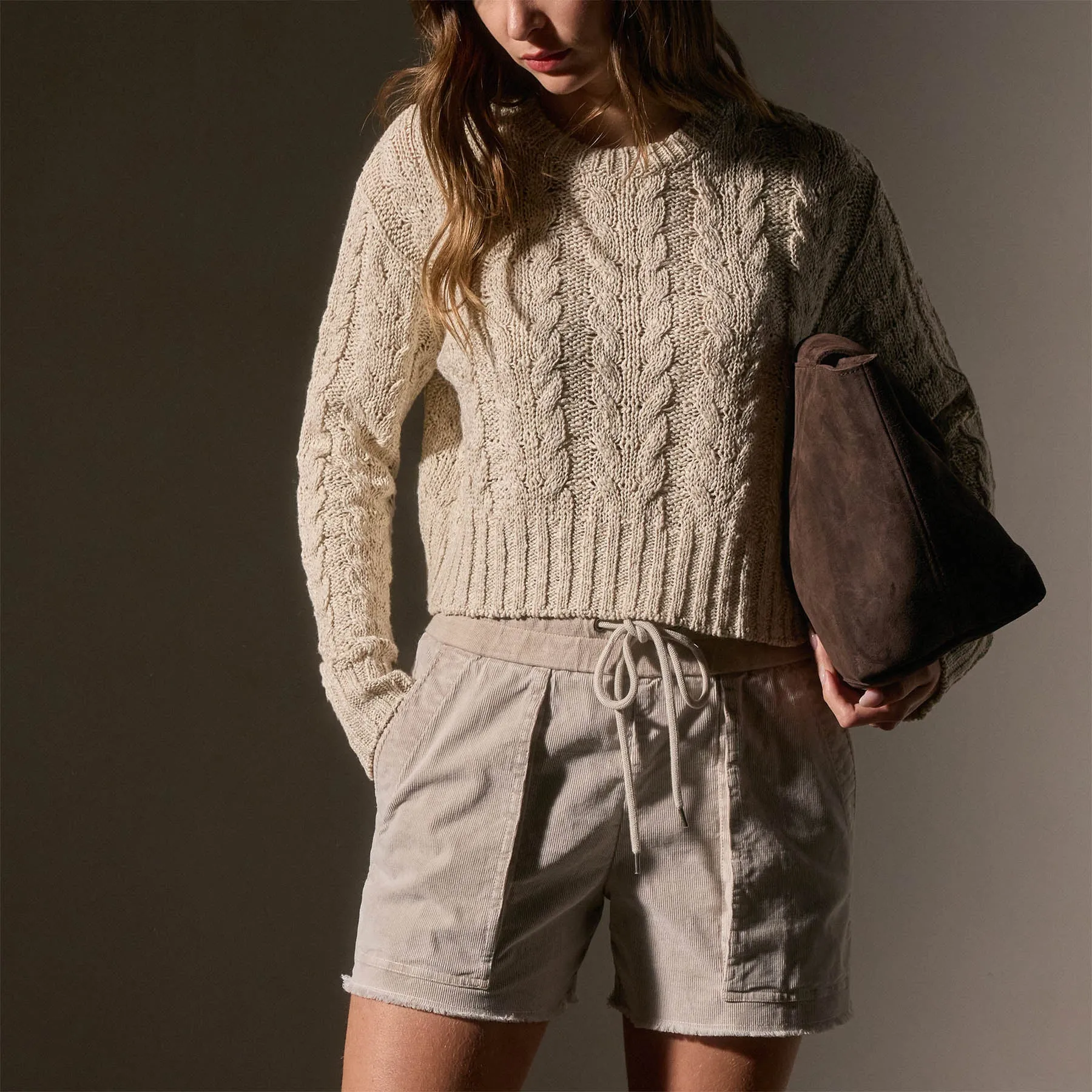 Cotton Linen Chunky Cable Knit Sweater - Natural