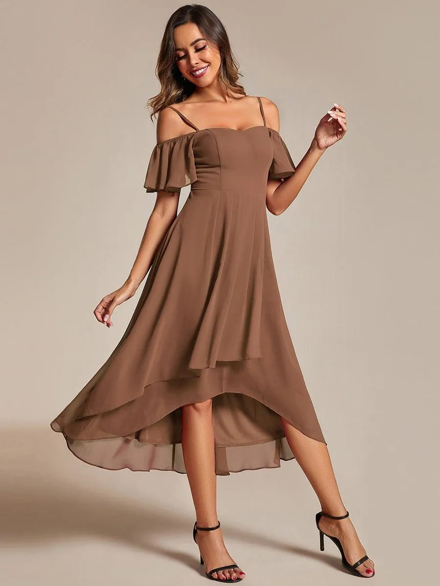Custom Size Spaghetti Strap Cold Shoulder Chiffon A-Line Midi Wedding Guest Dress