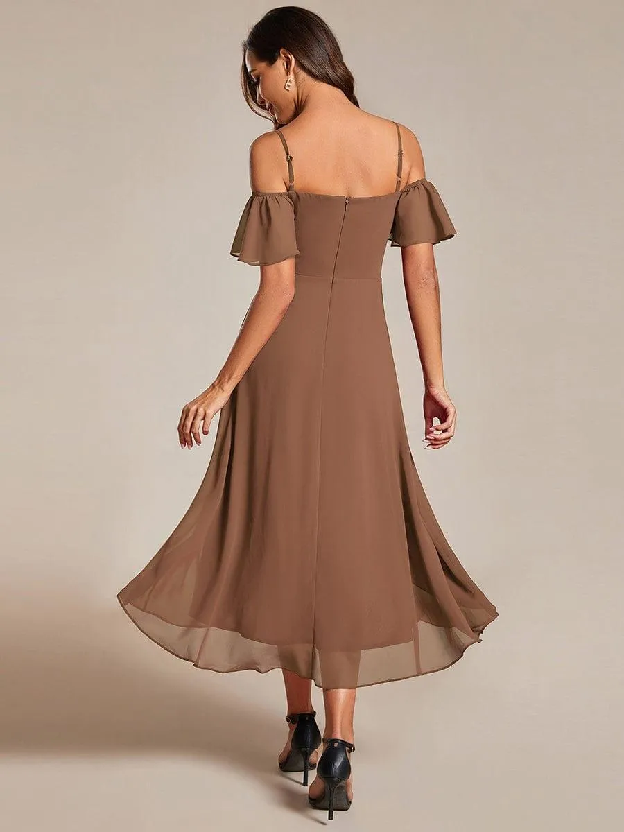 Custom Size Spaghetti Strap Cold Shoulder Chiffon A-Line Midi Wedding Guest Dress