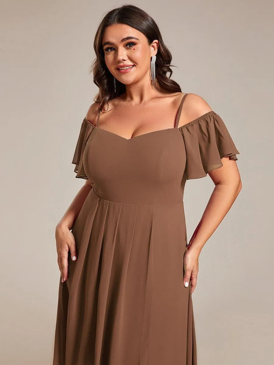 Custom Size Spaghetti Strap Cold Shoulder Chiffon A-Line Midi Wedding Guest Dress