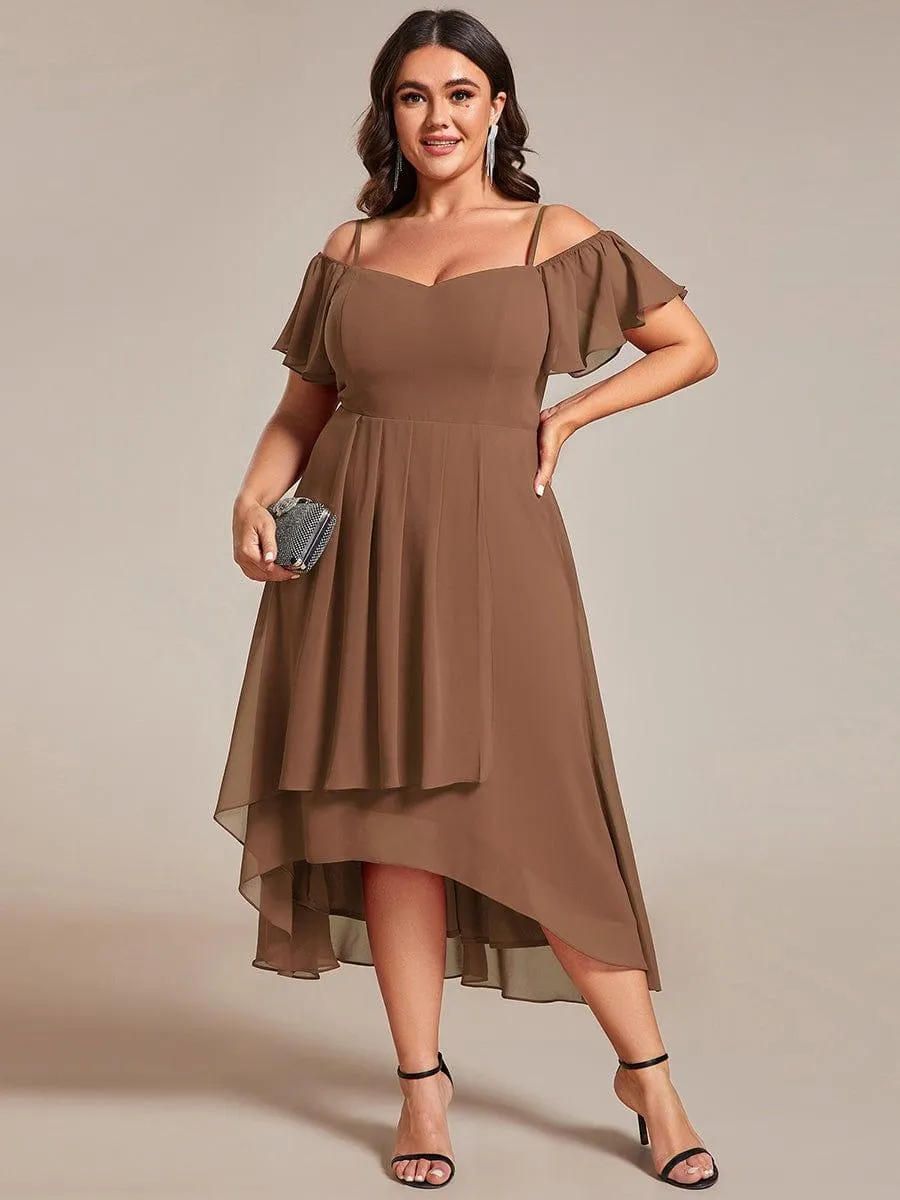 Custom Size Spaghetti Strap Cold Shoulder Chiffon A-Line Midi Wedding Guest Dress