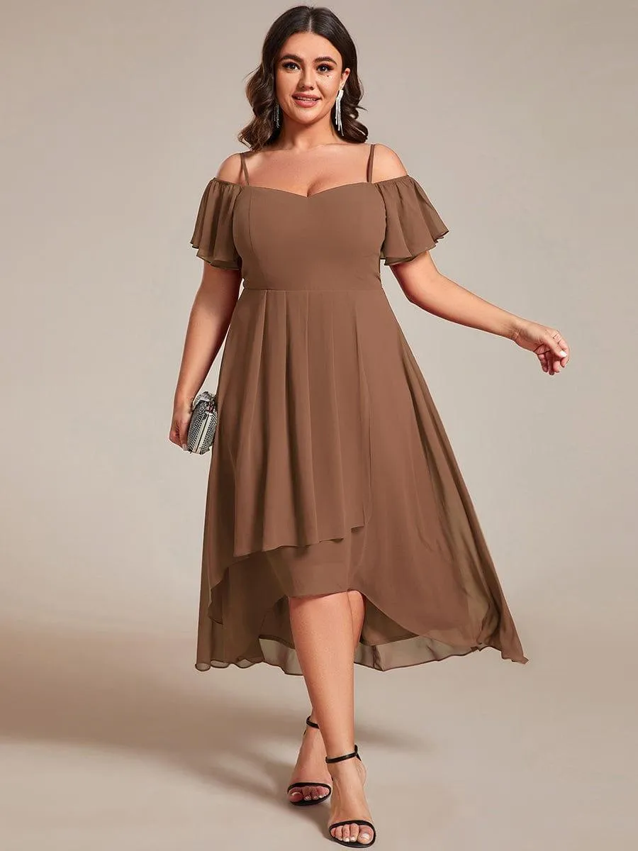 Custom Size Spaghetti Strap Cold Shoulder Chiffon A-Line Midi Wedding Guest Dress