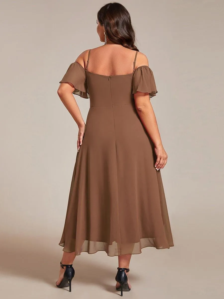 Custom Size Spaghetti Strap Cold Shoulder Chiffon A-Line Midi Wedding Guest Dress