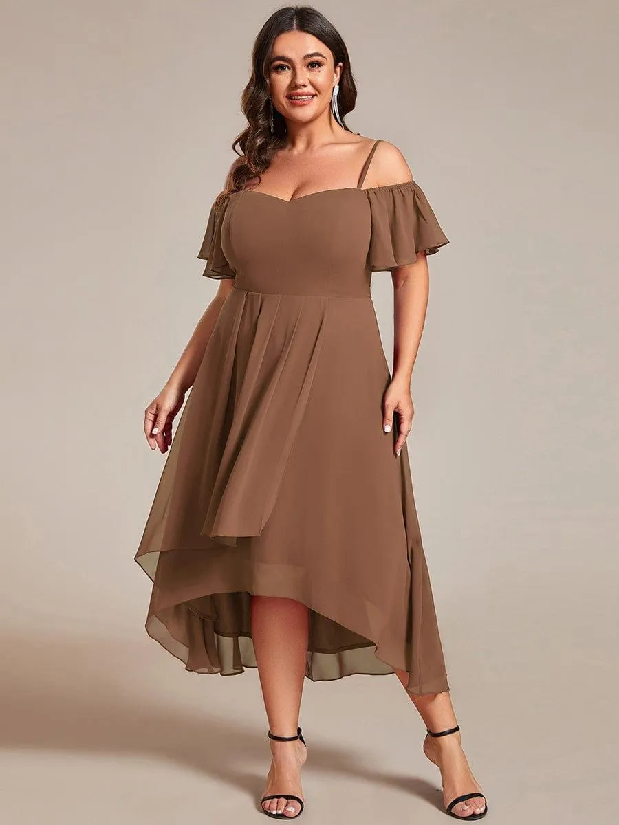 Custom Size Spaghetti Strap Cold Shoulder Chiffon A-Line Midi Wedding Guest Dress