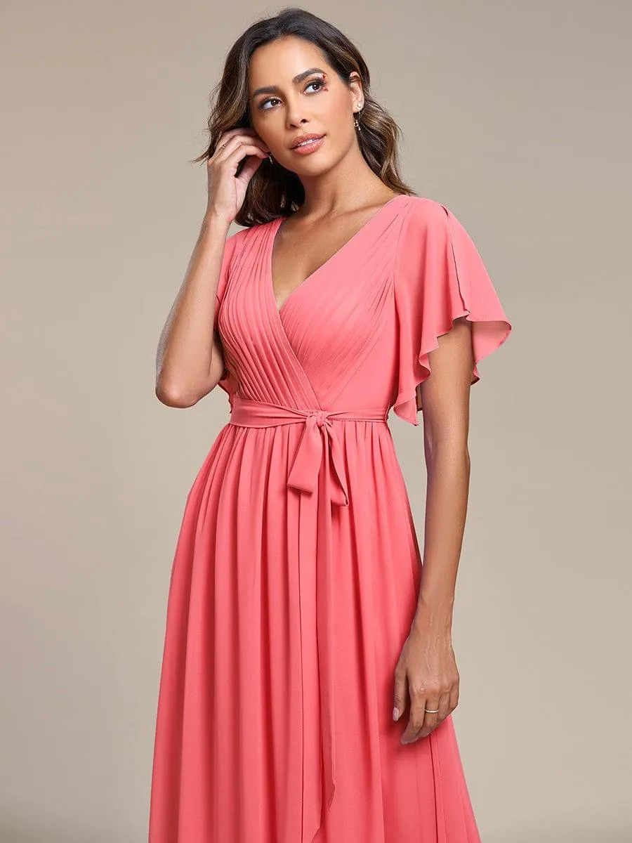 Custom Size Tie-Waist Pleated A-line Evening Dress