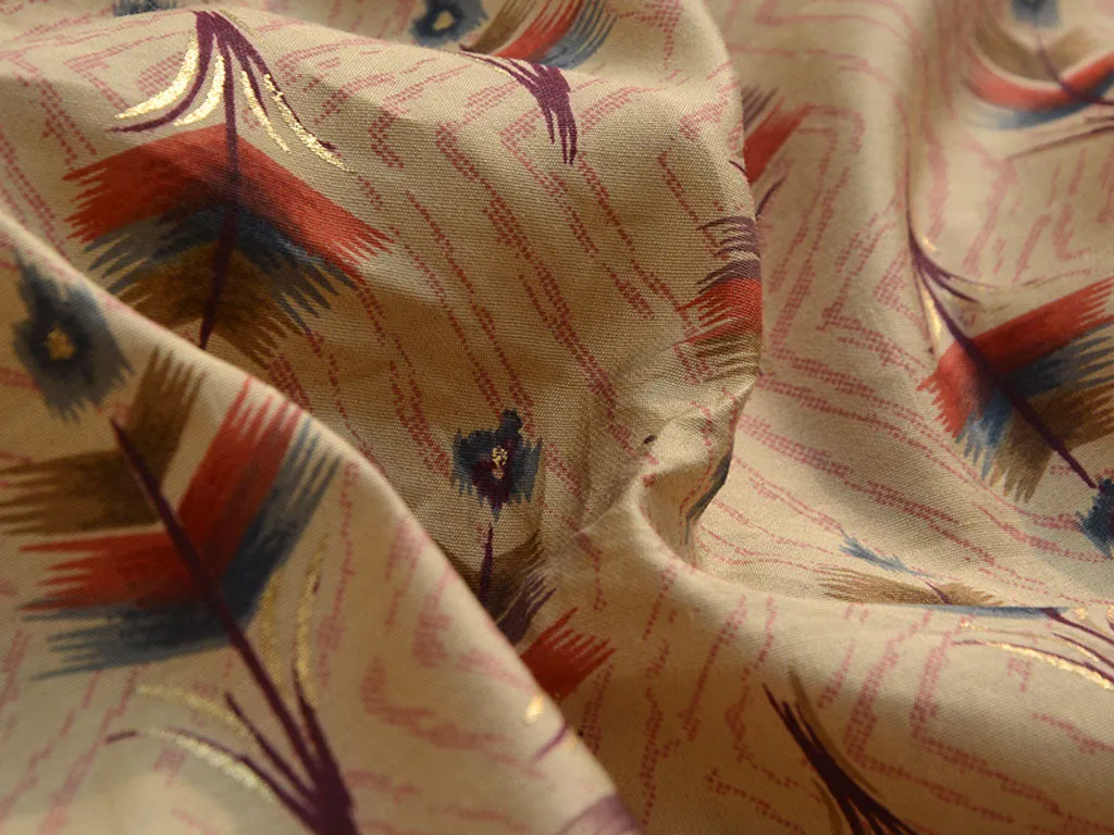 Dark Cream & Pink Motifs Premium Modal Chanderi Silk Fabric