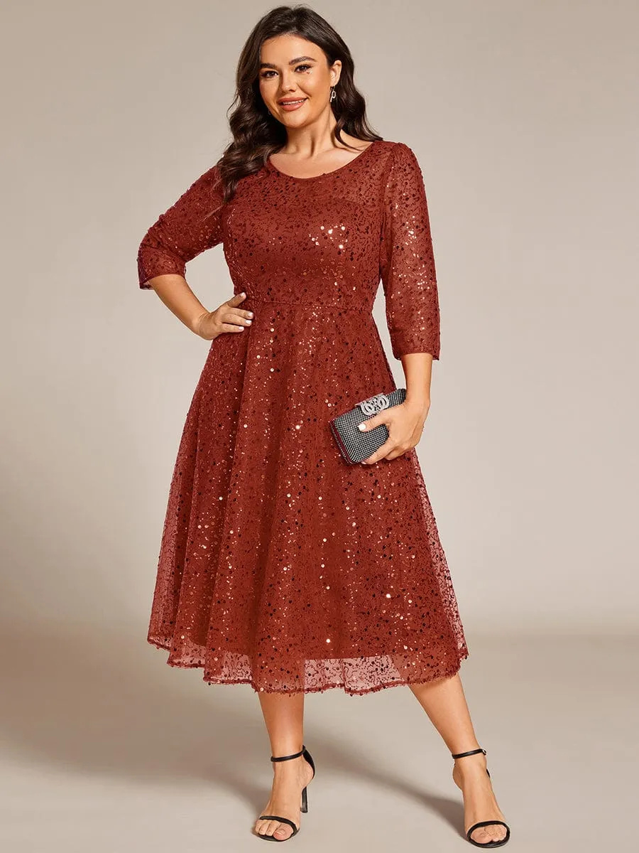 Dazzling Sequin A-Line Midi Mother of the Bride Dress with Long Sleeves